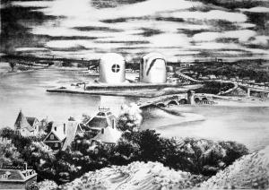 “View from Savin Hill, 1992” showing Dorchester Bay with two gas tanks on Morrissey Boulevard near the Southeast Expressway. Lithograph by James Hobin